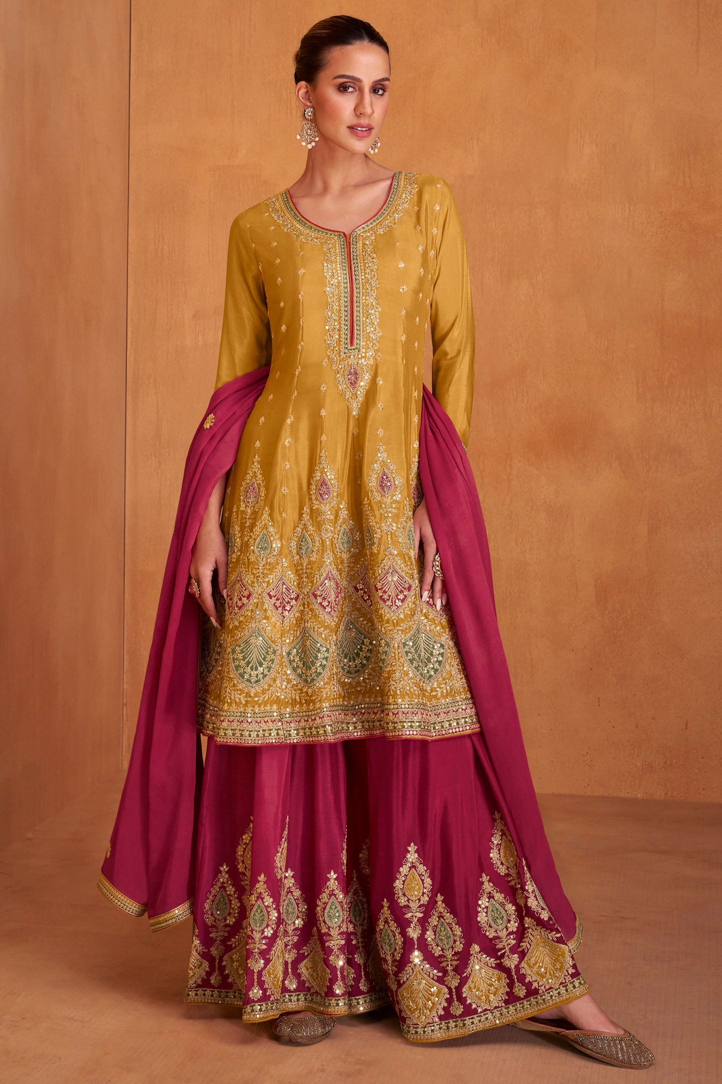 Plus Size Yellow Salwar Kameez Palazzo Suit With Embroidery Work For Women