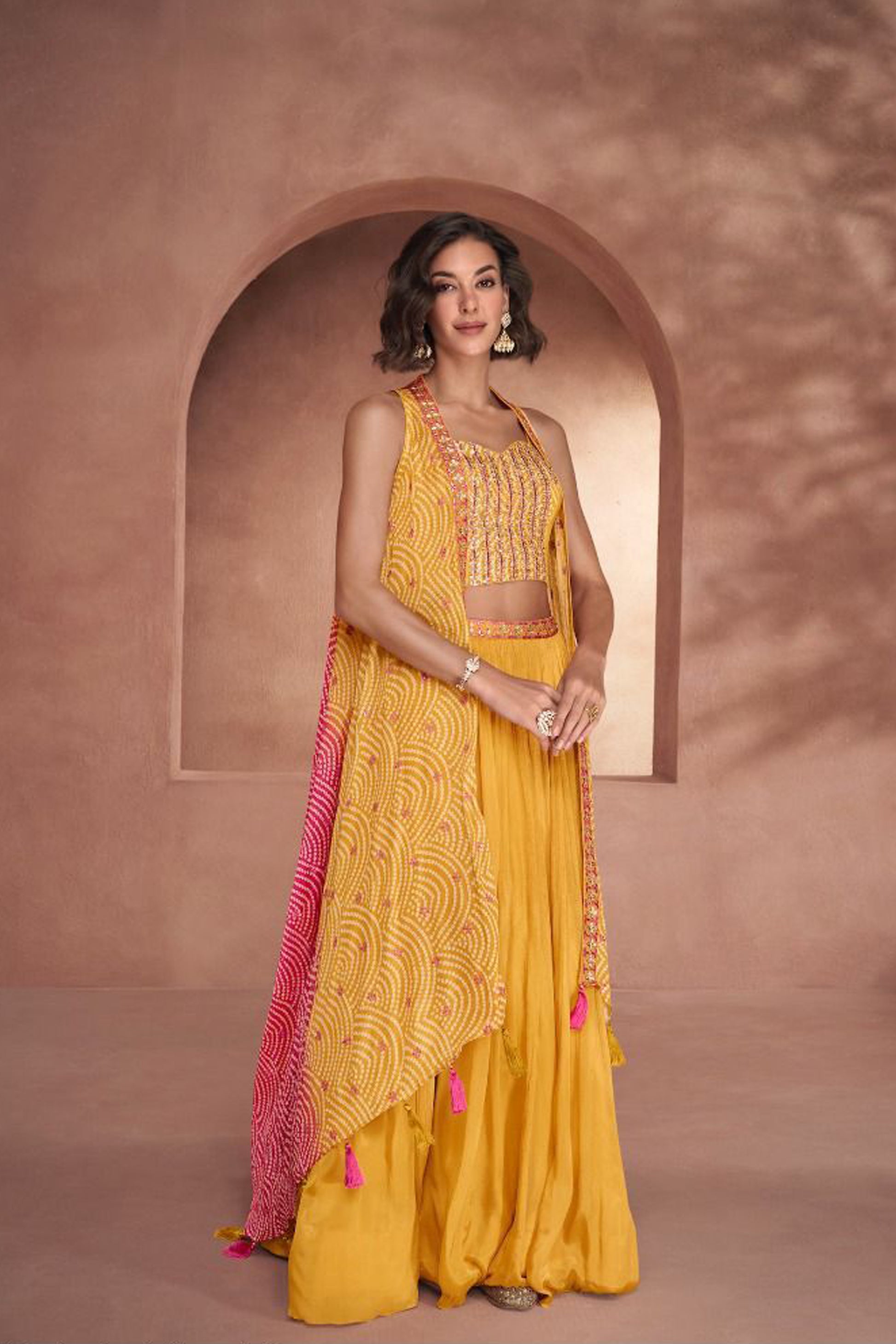 Haldi Function Wear Special Yellow Shrug Style Lehenga Premium Silk