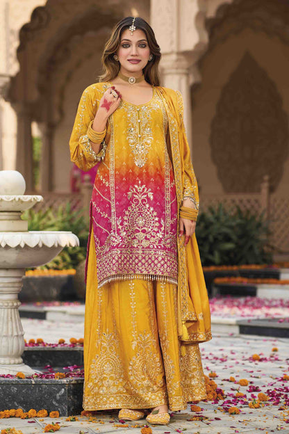 Yellow Embroidered Chinon Salwar Kameez Palazzo Set For Haldi Ceremony 