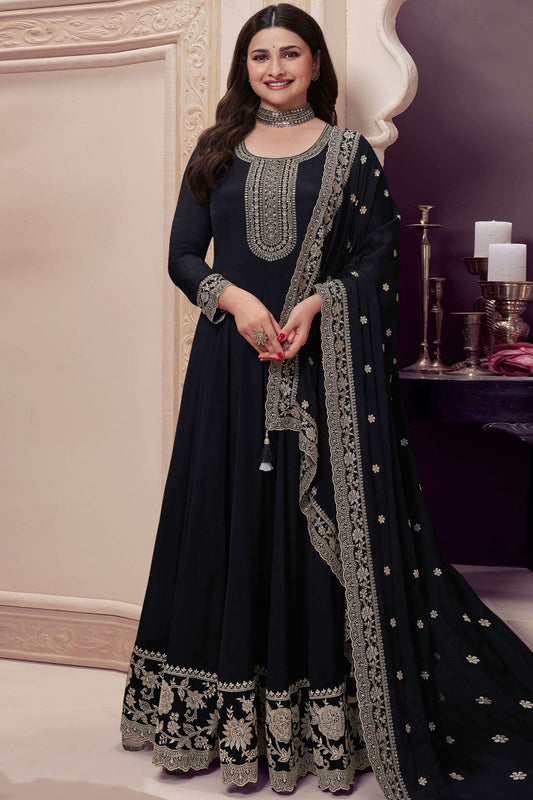 Wedding Special Designer Black Anarkali Gown with Embroidery & Chinnon