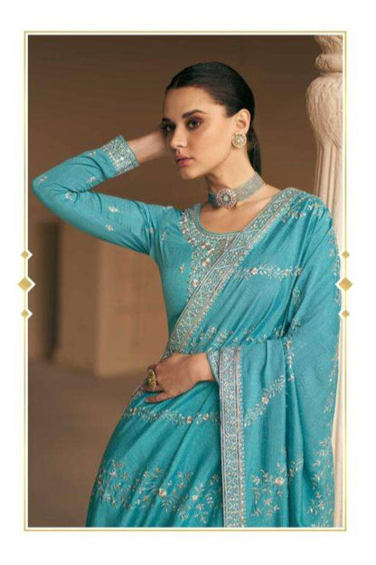 Cyan Chinon Silk Plus Size (Upto 10XL Size) Kameez with Pant Suit For Indian Festivals & Weddings