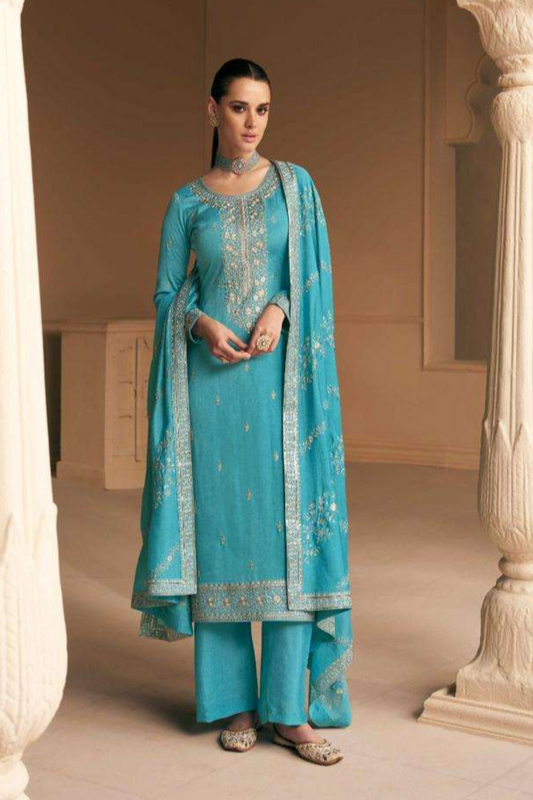 Cyan Chinon Silk Plus Size (Upto 10XL Size) Kameez with Pant Suit For Indian Festivals & Weddings