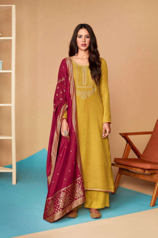 Affordable Yellow Color Salwar Kameez Suit With Embroidery Work For USA Customers