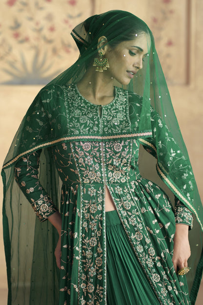 Beautiful Anarkali Gown in Dark Green color for Mehndi Function