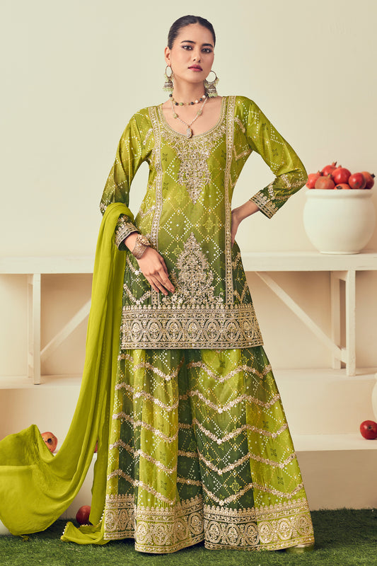 Indian Wedding-Reception Special Reay To Wear Green Color  Plazzo Dress Live In USA