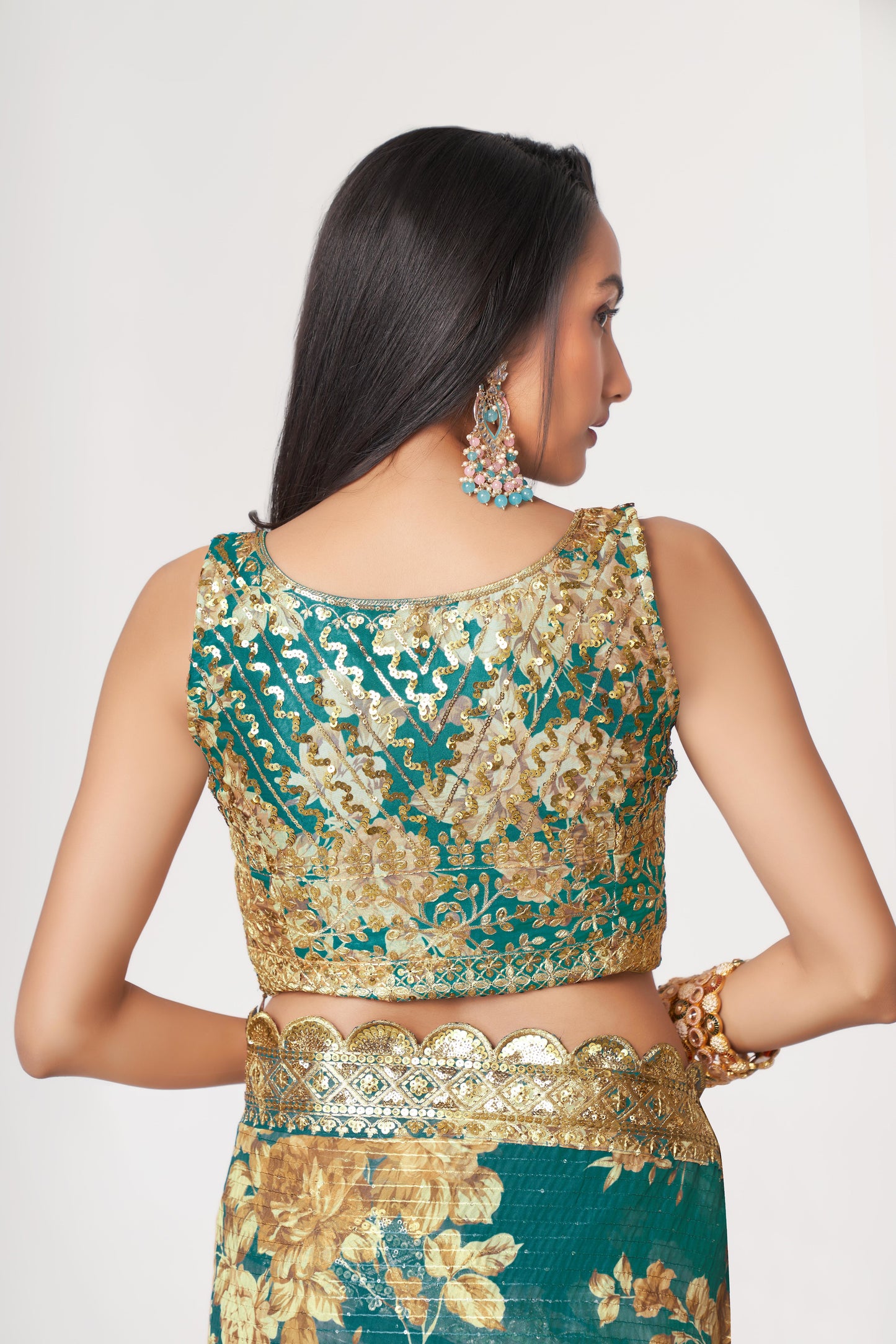 Trendy Designer Teal Blue Color Organza Fabric Floral Printed Saree For Special Festival Wear
