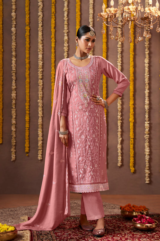 Peach Designer Chinon Fabric Thread Embroidery Work Salwar Kameez Dress
