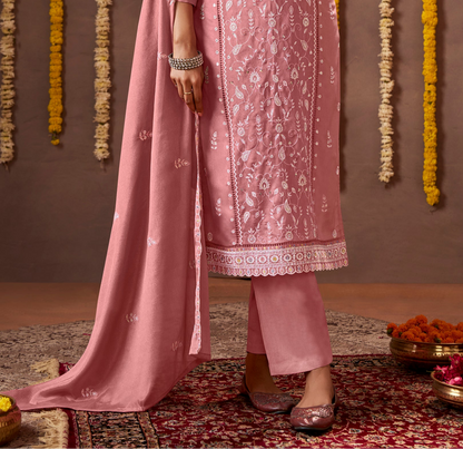 Peach Designer Chinon Fabric Thread Embroidery Work Salwar Kameez Dress