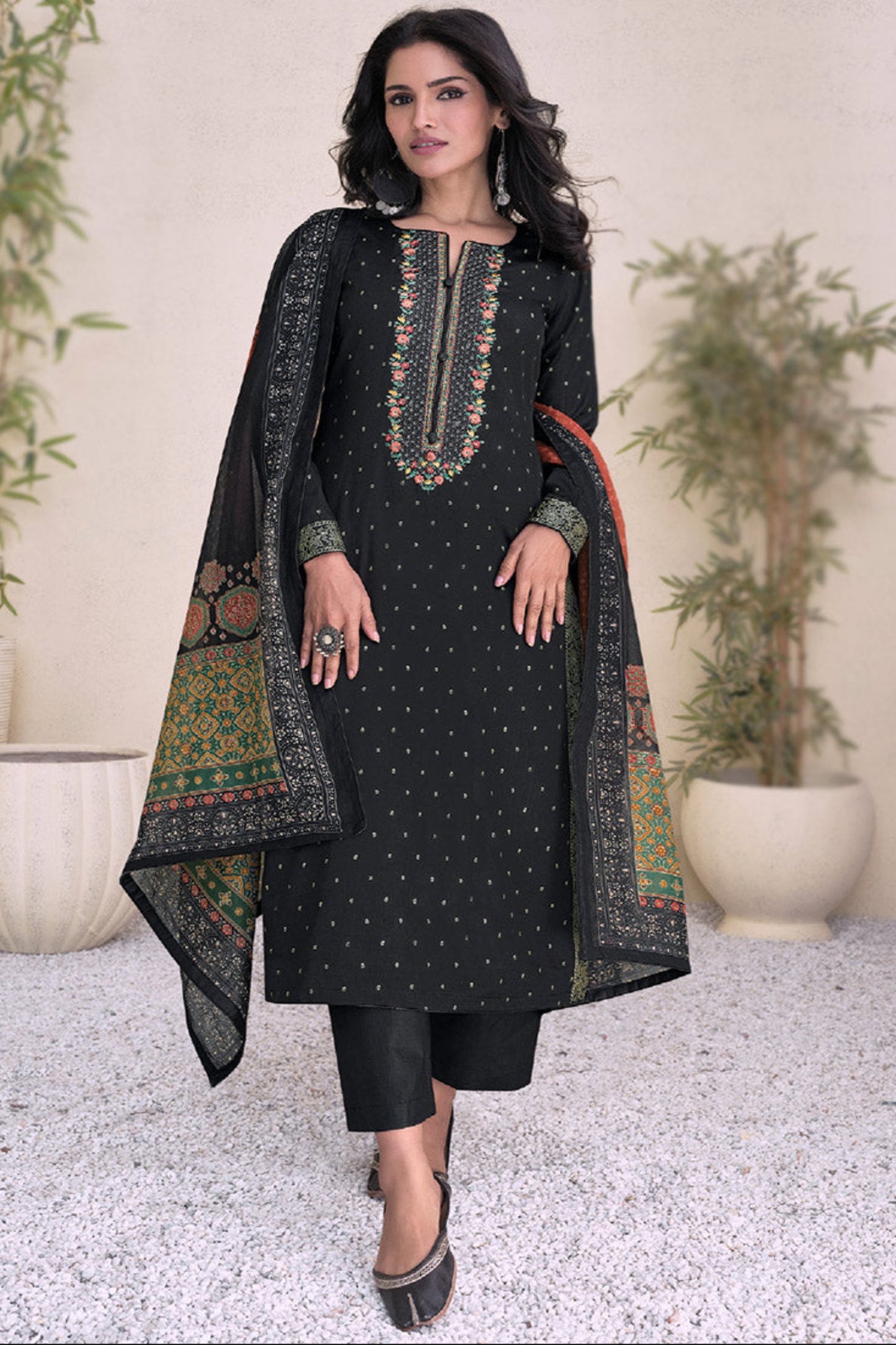 Black Color Ready To Wear Cotton Fabric Salwar Kameez Suit With Lawn Dupatta