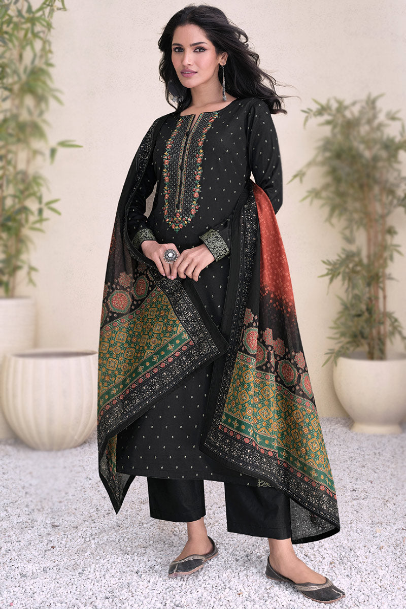 Black Color Ready To Wear Cotton Fabric Salwar Kameez Suit With Lawn Dupatta