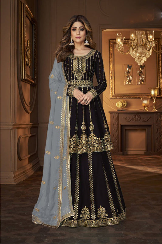 Real Georgette Embroidery Work Black Lehenga For Indian Wedding-Party