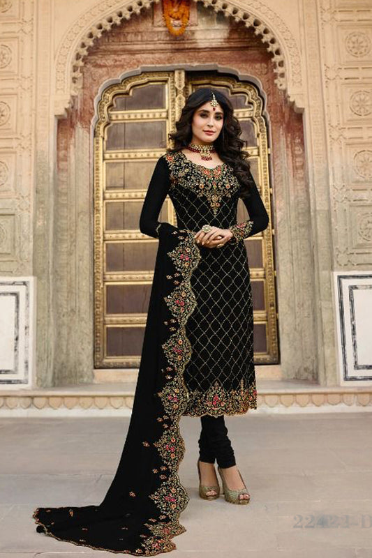 Stone Work Black Georgette Plus Size Salwar Kameez For Wedding-Reception