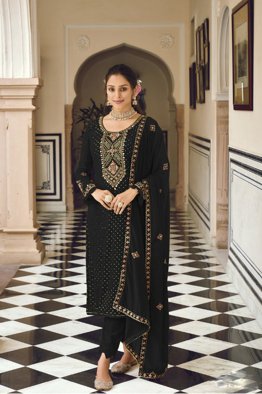 Black Embroidery Work Georgette Salwar Kameeez For Party-Reception