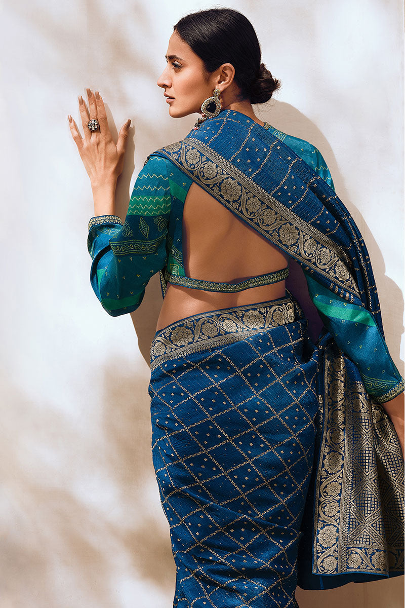 Viscose Silk Designer Bandhani Printed Saree With Teal Blouse For Wedding Event Wear