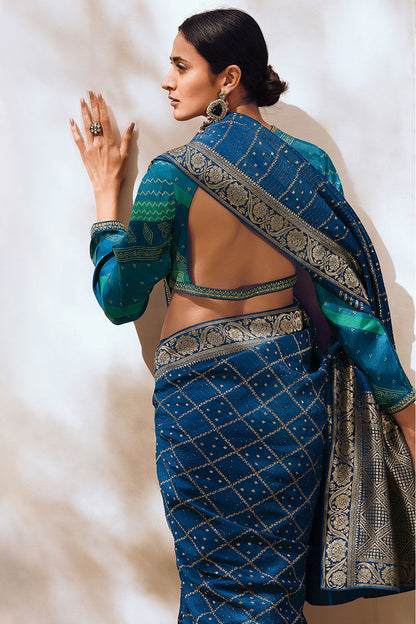 Viscose Silk Designer Bandhani Printed Saree With Teal Blouse For Wedding Event Wear