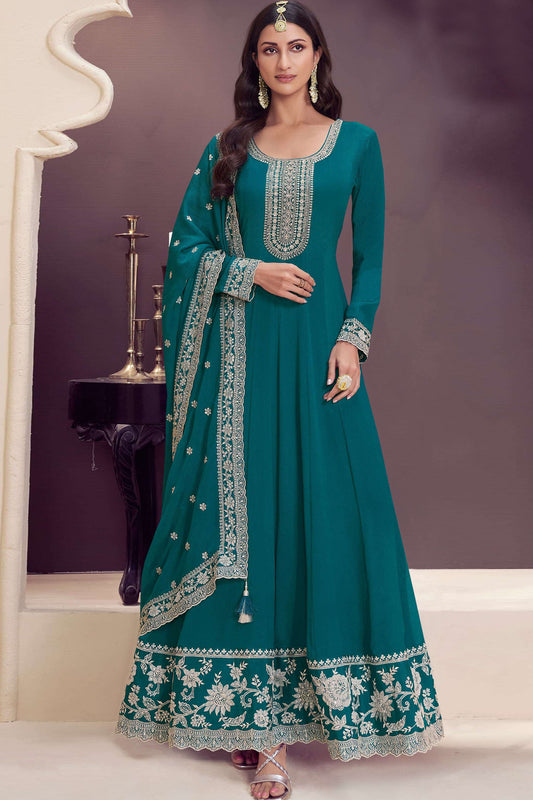 Eid Special Teal Green Designer Santoon Fabric Anarkali Gown