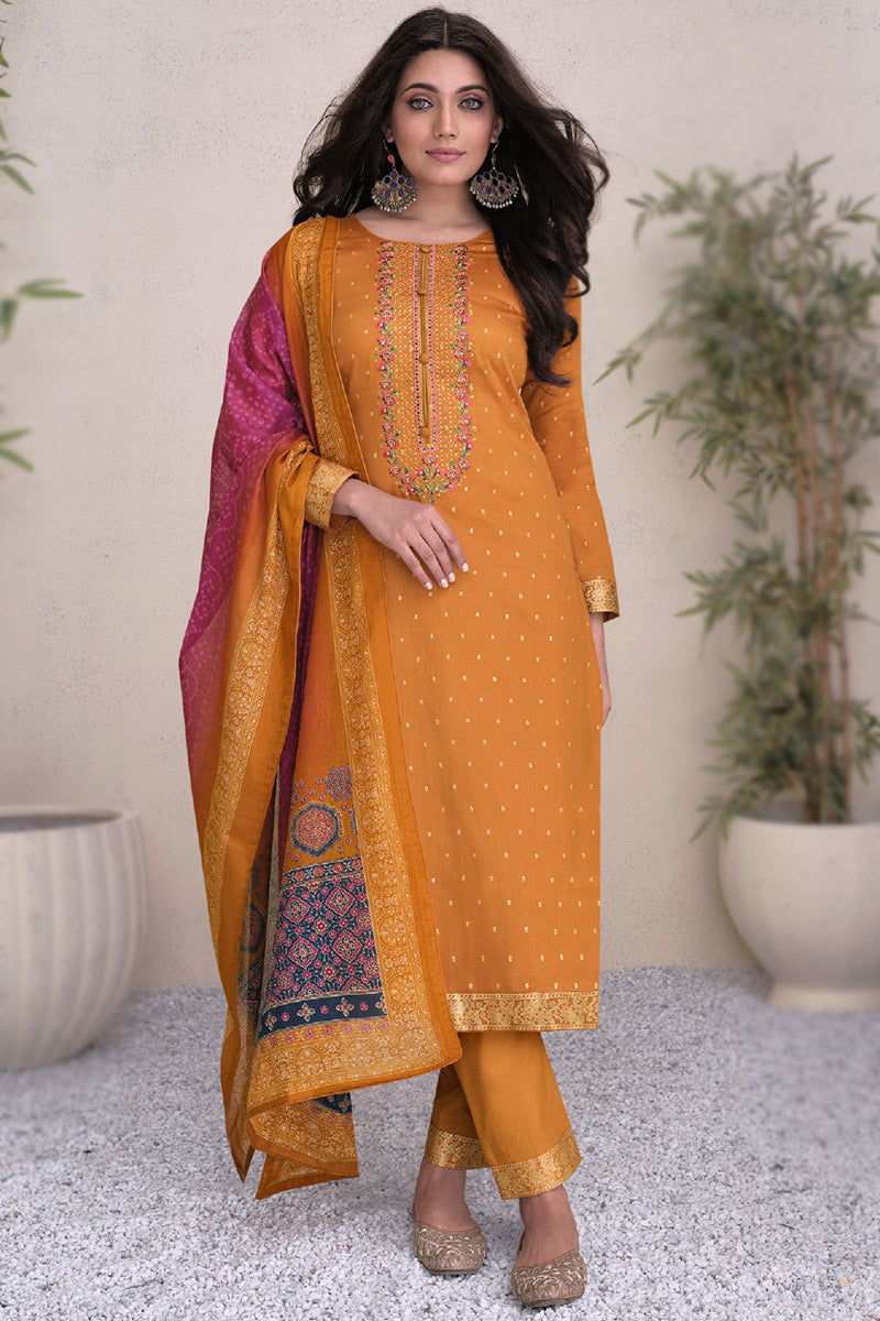 Bollywood Style Mustard Yellow Satin Fabric & Embroidery Work Salwar Kameez Pant Suit