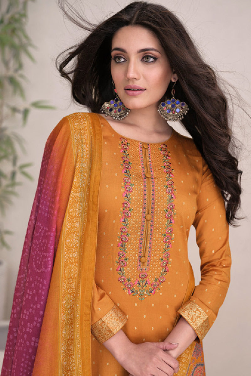 Bollywood Style Mustard Yellow Satin Fabric & Embroidery Work Salwar Kameez Pant Suit