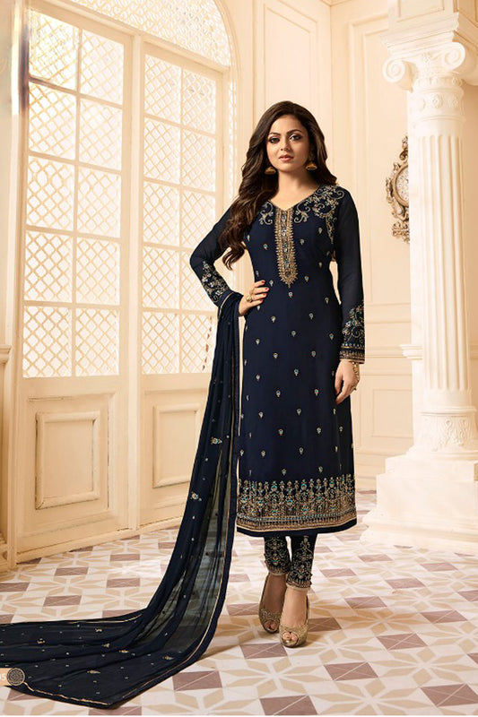 Georgette Blue Salwar Kameez For Indian-Pakistan Weddings - Embroidery Work