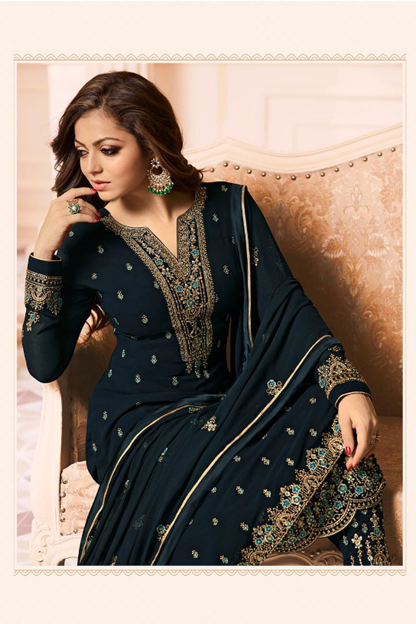 Embroidery Work Georgette Teal Salwar Suit For Indian-Pakistan Wedding Reception