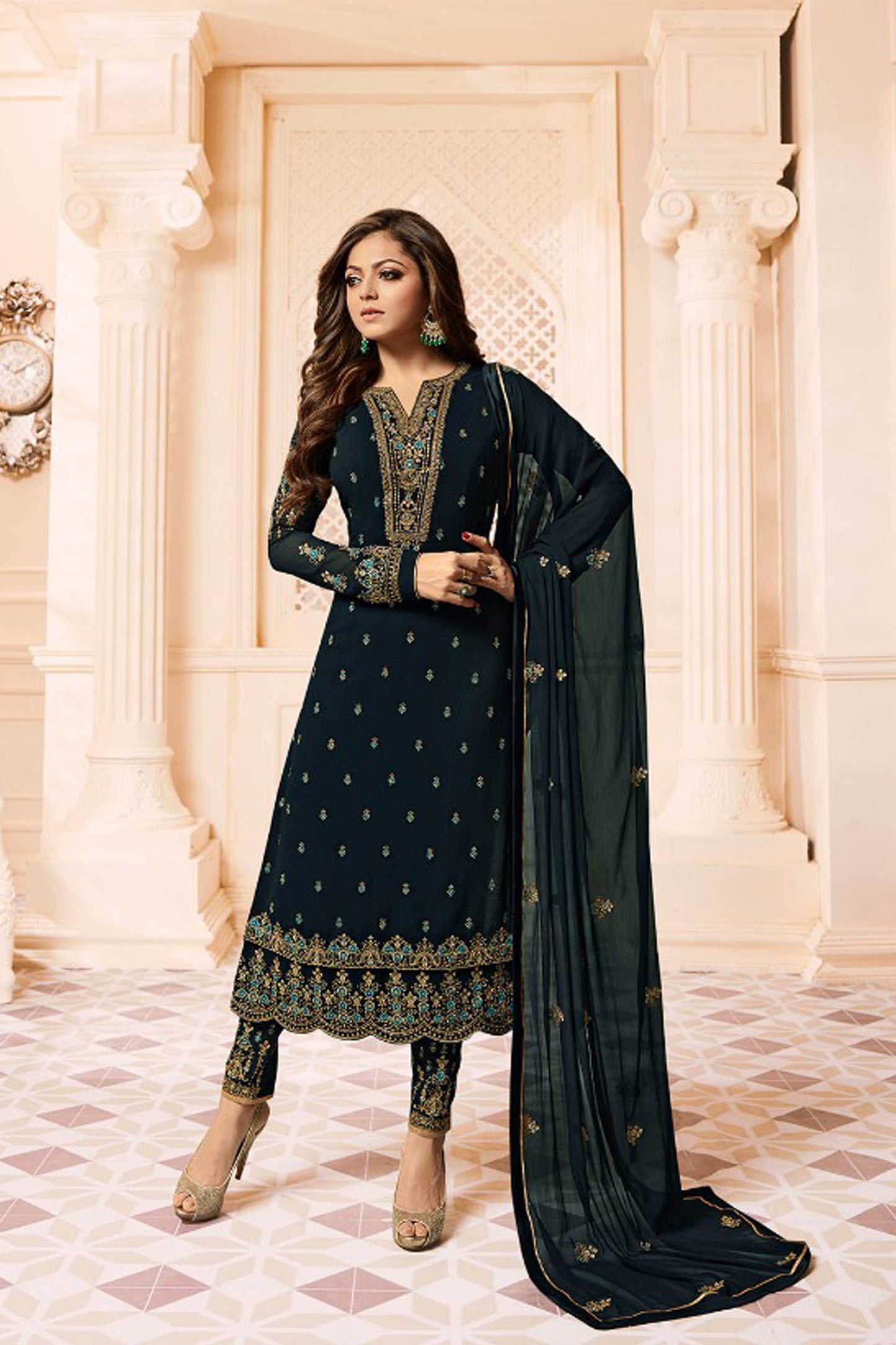 Embroidery Work Georgette Teal Salwar Suit For Indian-Pakistan Wedding Reception