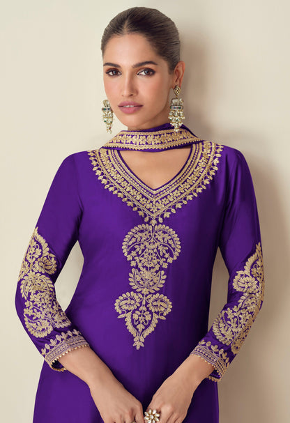 Stylish Purple Color Embroider Work Plazzo Dress With Dupatta For Wedding-Recption