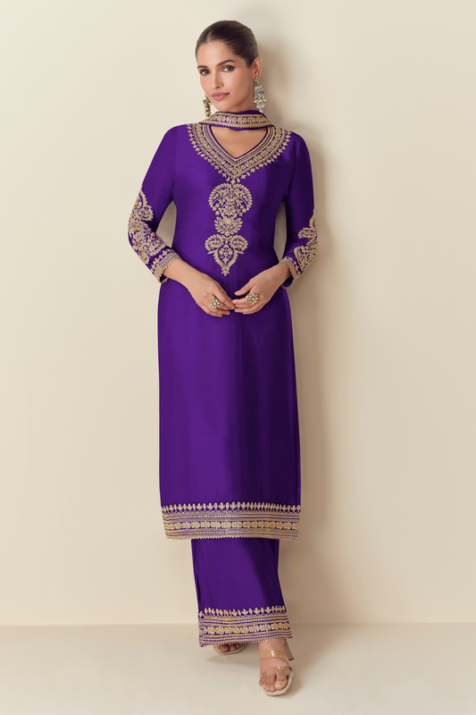 Stylish Purple Color Embroider Work Plazzo Dress With Dupatta For Wedding-Recption