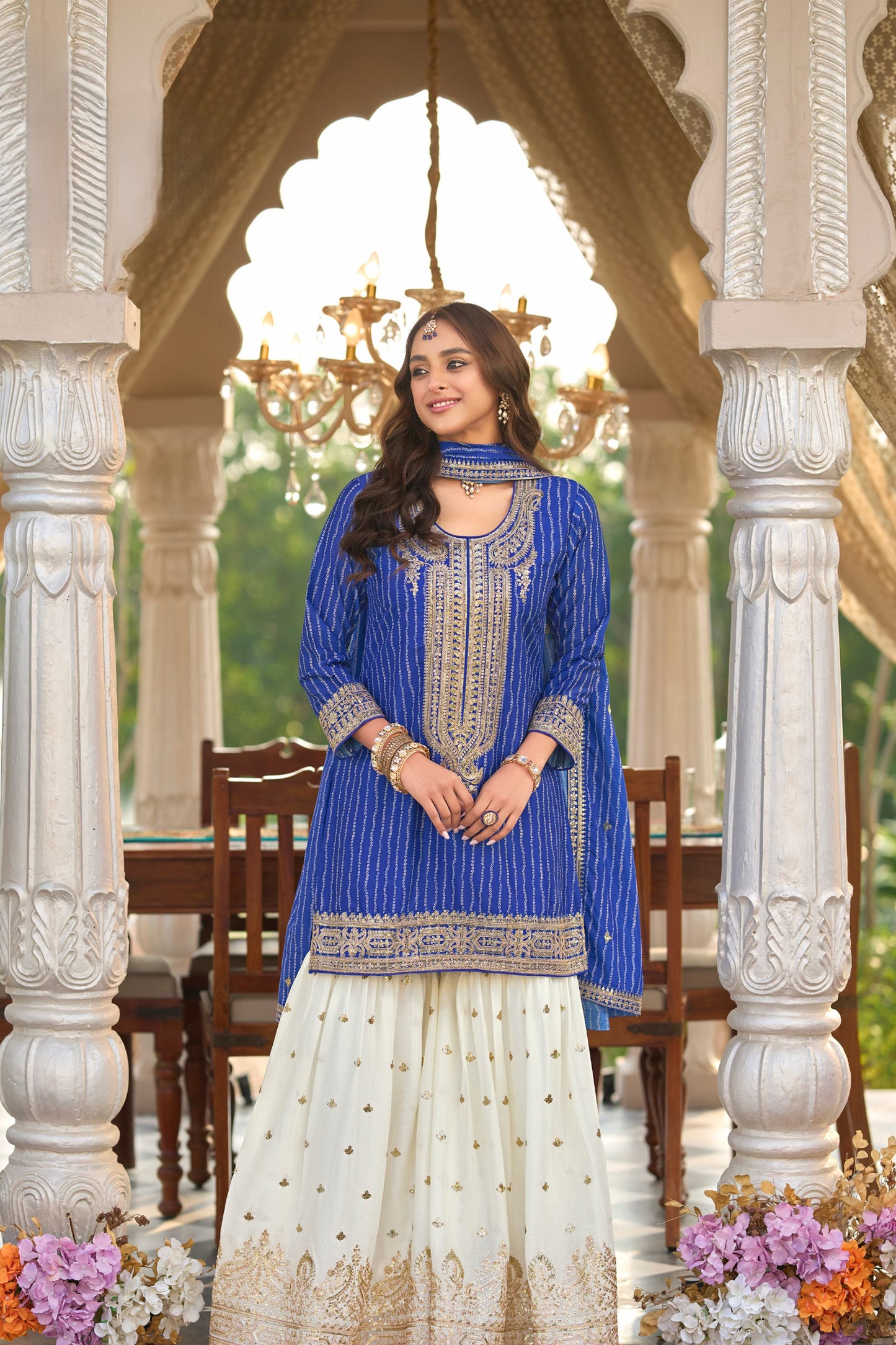 Attractive Blue Designer Digital Printed Function Wear Suit For USA