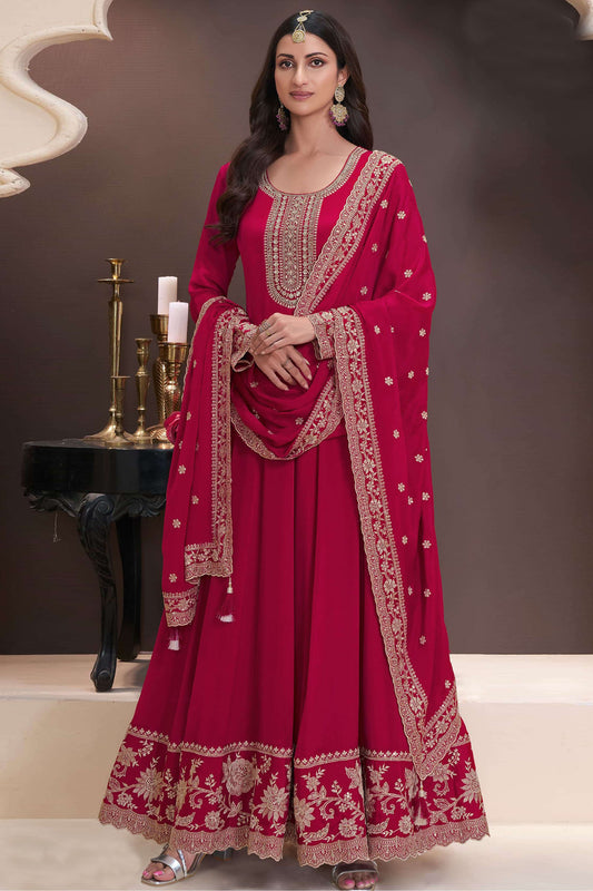 Premium Red Chinnon Fabric Designer Anarkali Gown with Embroidery