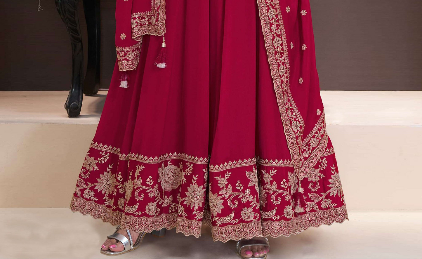 Premium Red Chinnon Fabric Designer Anarkali Gown with Embroidery