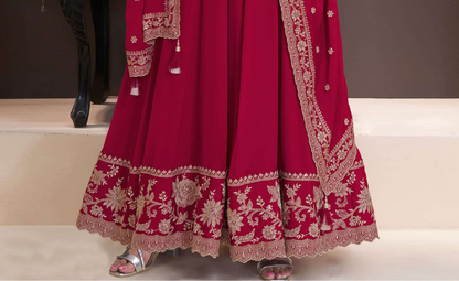 Premium Red Chinnon Fabric Designer Anarkali Gown with Embroidery
