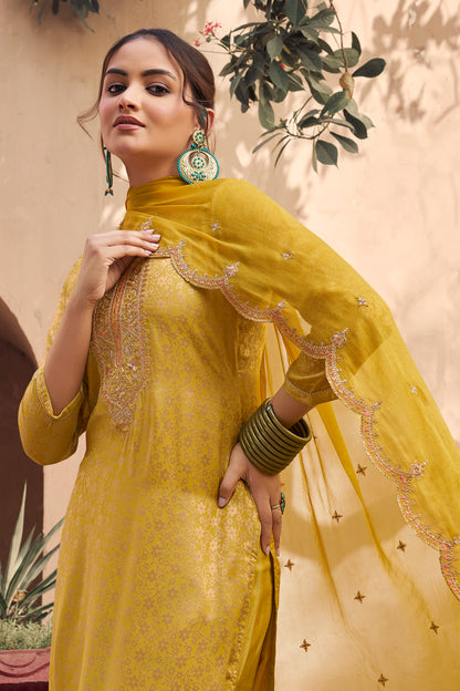Traditional Designer Jacquard Fabric Haldi Function Wear Salwar Kameez Suit