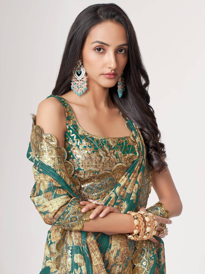 Trendy Designer Teal Blue Color Organza Fabric Floral Printed Saree For Special Festival Wear
