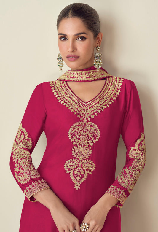 Wedding-Reception Special Dark Pink Color Plazzo Dress With Silk Dupatta