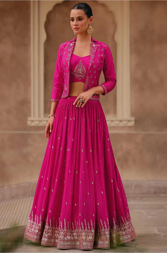 Fuchsia Pink Chinon and Silk Georgette Lehenga Choli with Koti - Embroidery Work from Indian Festivals & Pakistani Weddings