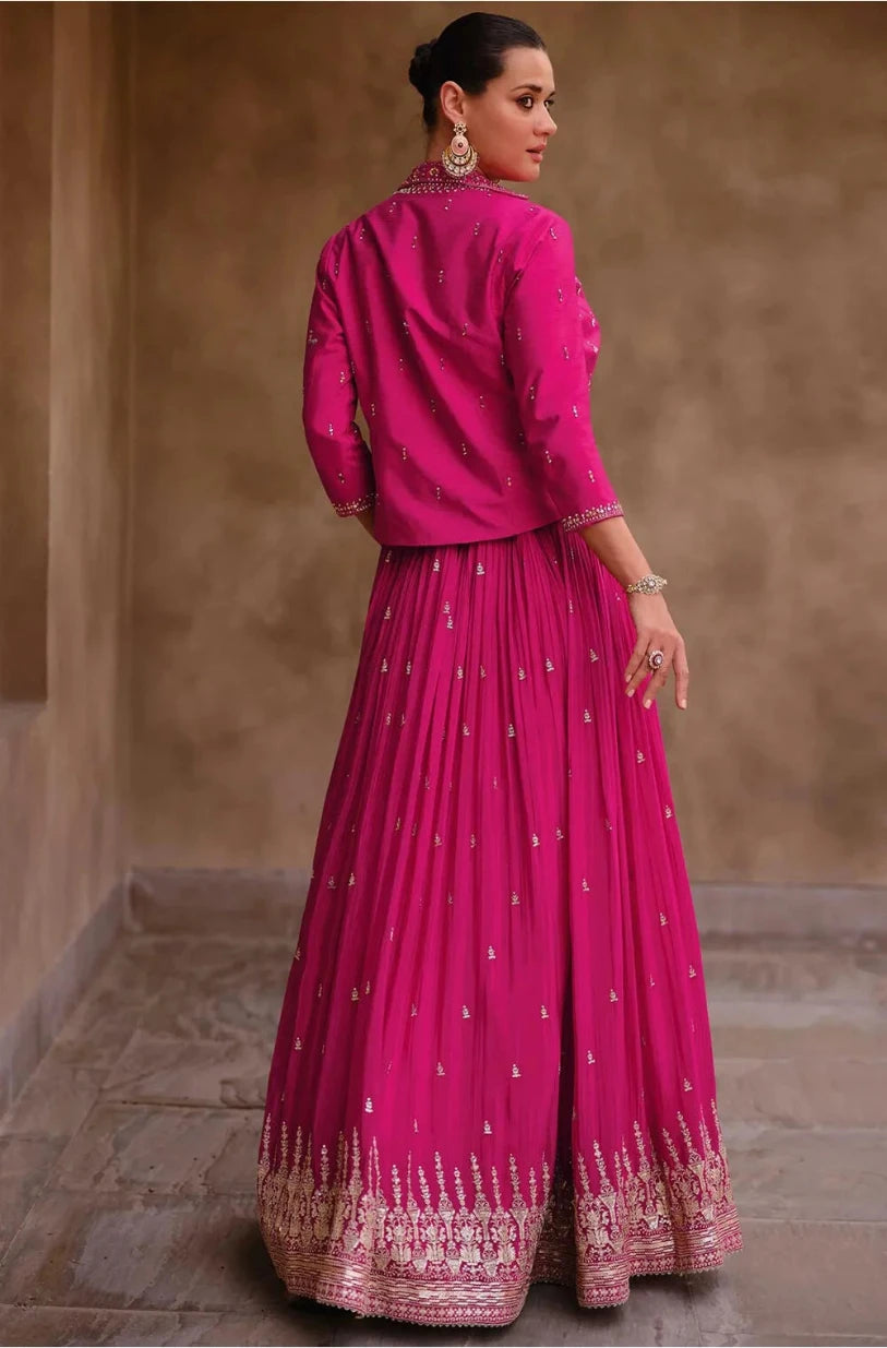 Fuchsia Pink Chinon and Silk Georgette Lehenga Choli with Koti - Embroidery Work from Indian Festivals & Pakistani Weddings