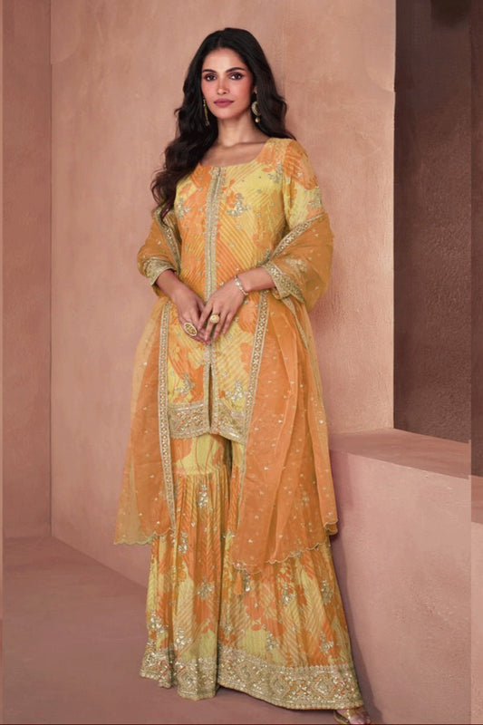 New Orange Bridal Look Embroidered Palazzo Dress for Wedding Shoot