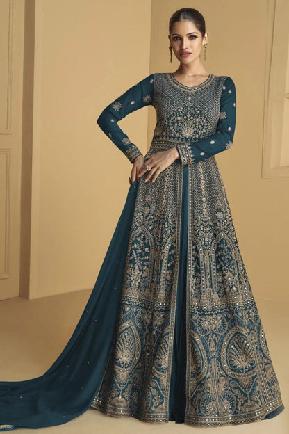 Premium Teal Color Anarkali Gown Suit With Dupatta For Special Occasions And Wedding