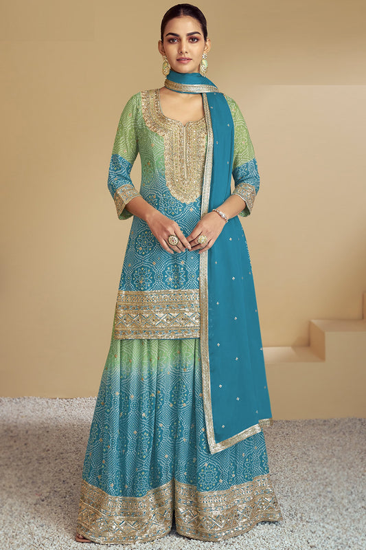 Sky Blue Designer Real Chinon Fabric Salwar Kameez Plazzo Suit For Festival Special