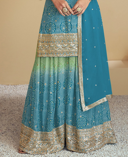Sky Blue Designer Real Chinon Fabric Salwar Kameez Plazzo Suit For Festival Special