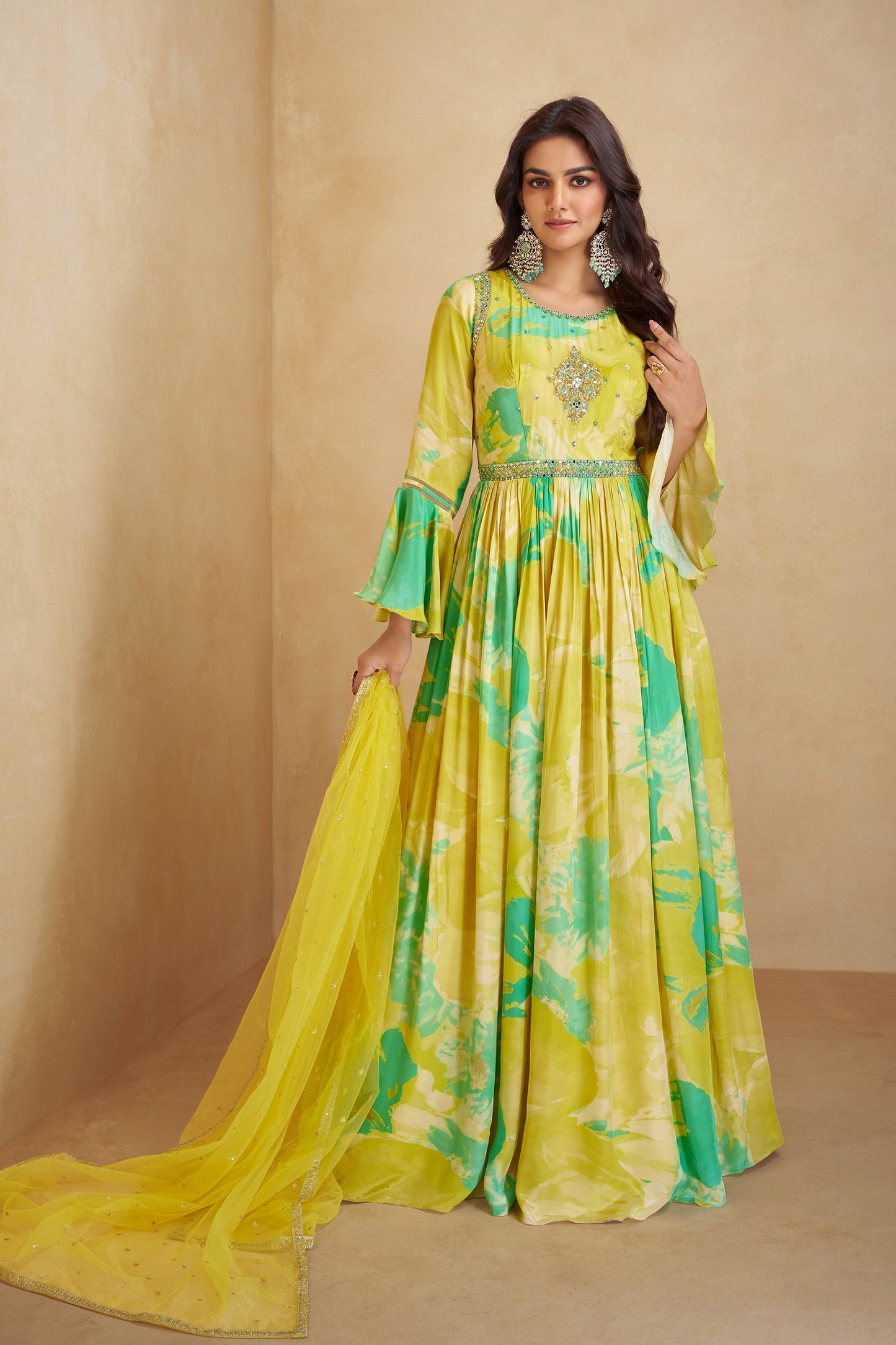 Yellow Chinon Silk Short Flower Printed Anarkali Dupatta Gown