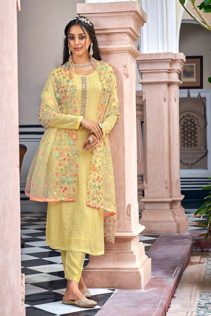 Amazing Yellow Color Ready To Wear Salwar Suit With Organza Dupatta For Mahendi, Haldi Reception And Wedding