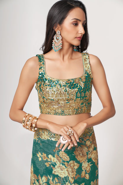 Trendy Designer Teal Blue Color Organza Fabric Floral Printed Saree For Special Festival Wear