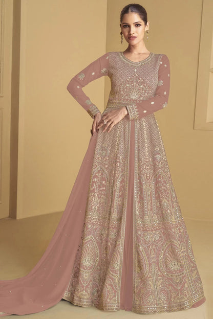 Latest Peach Anarkali Gown with Embroidery for Religious Ceremonies