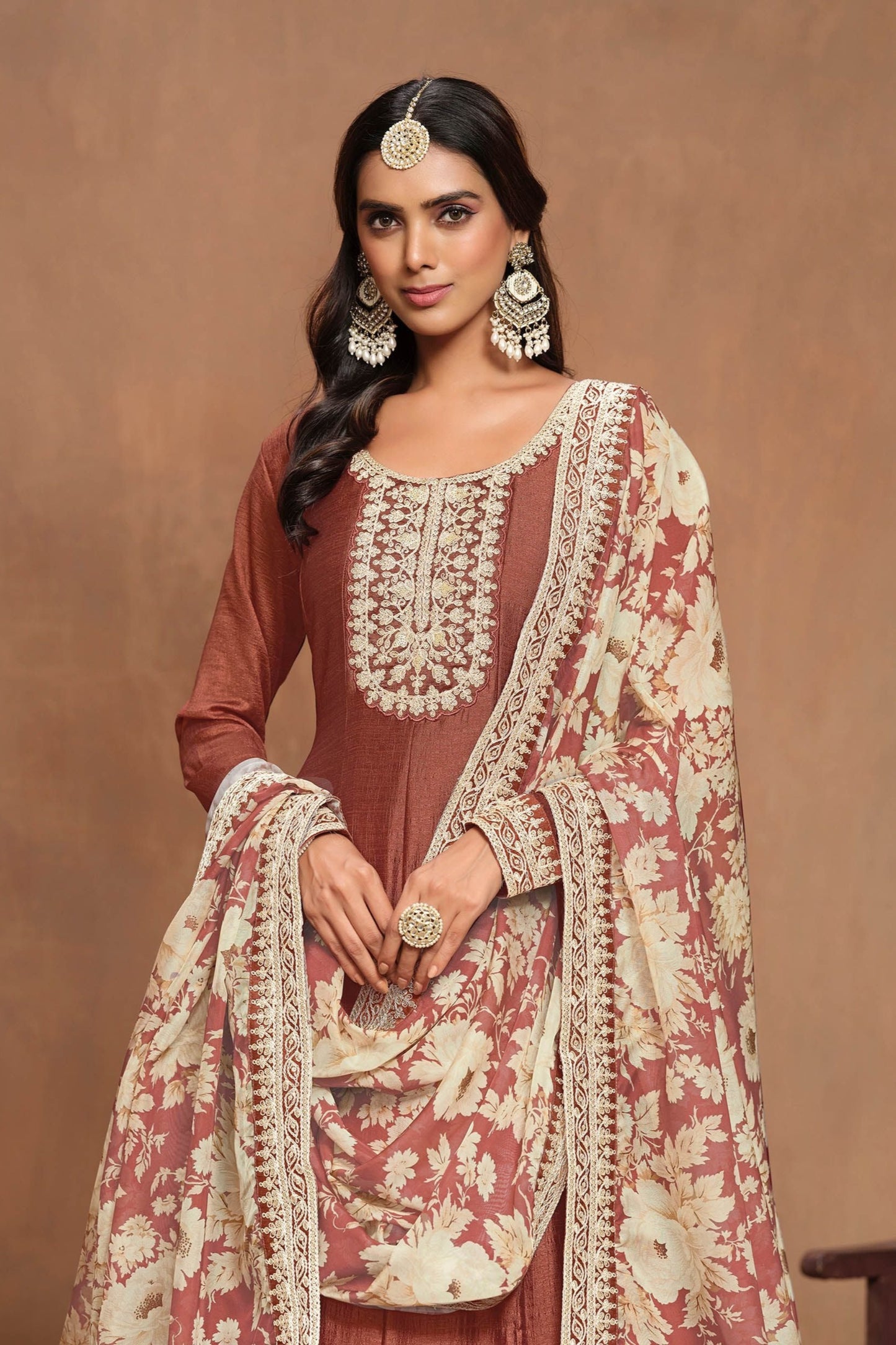 Affordable Brown Anarkali Gown with Embroidery for Indian Weddings