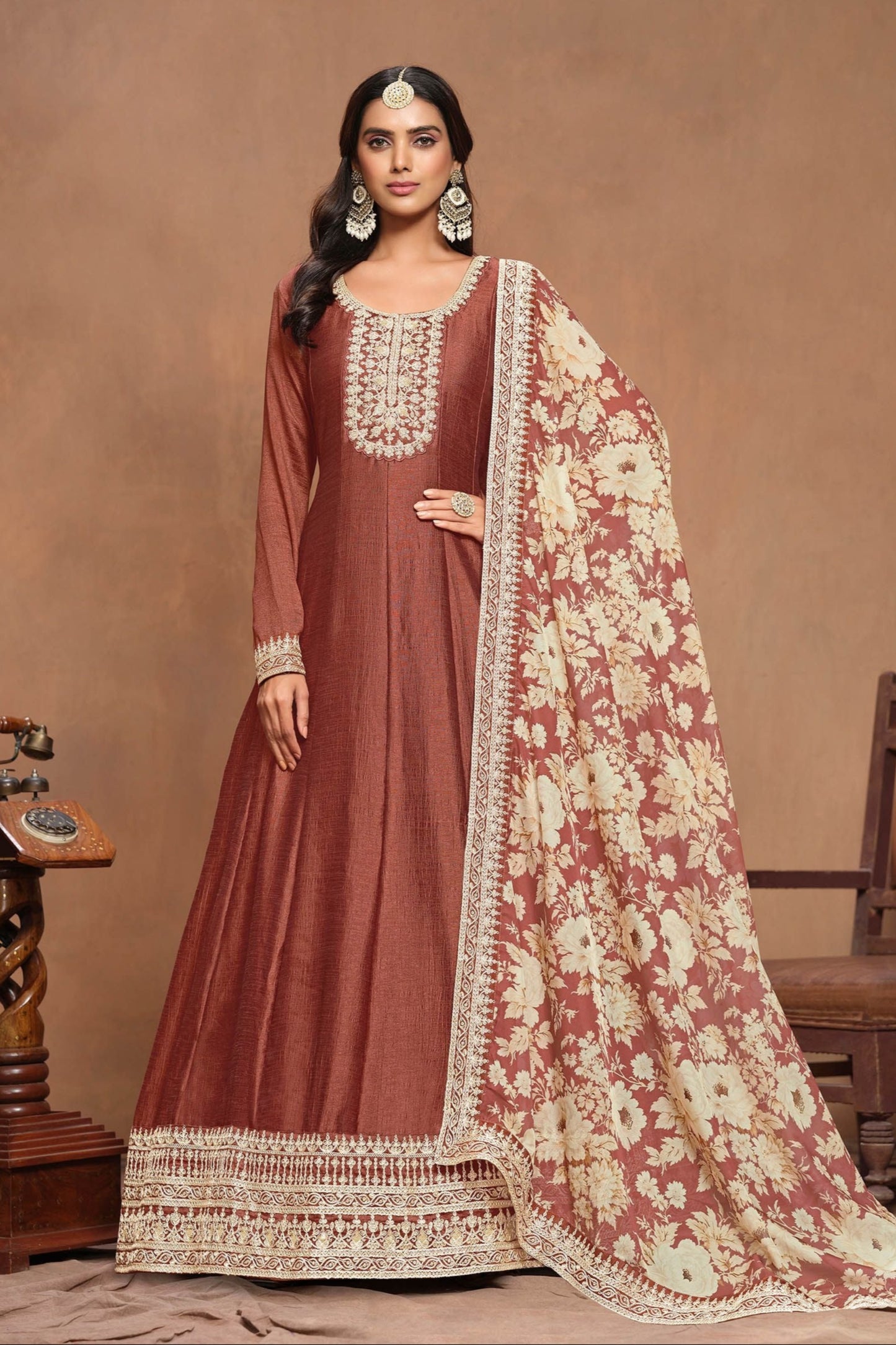 Affordable Brown Anarkali Gown with Embroidery for Indian Weddings