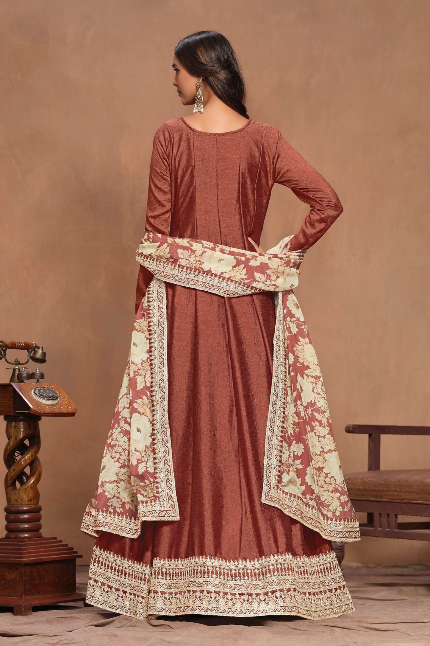 Affordable Brown Anarkali Gown with Embroidery for Indian Weddings