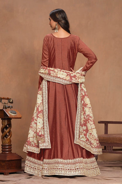 Affordable Brown Anarkali Gown with Embroidery for Indian Weddings