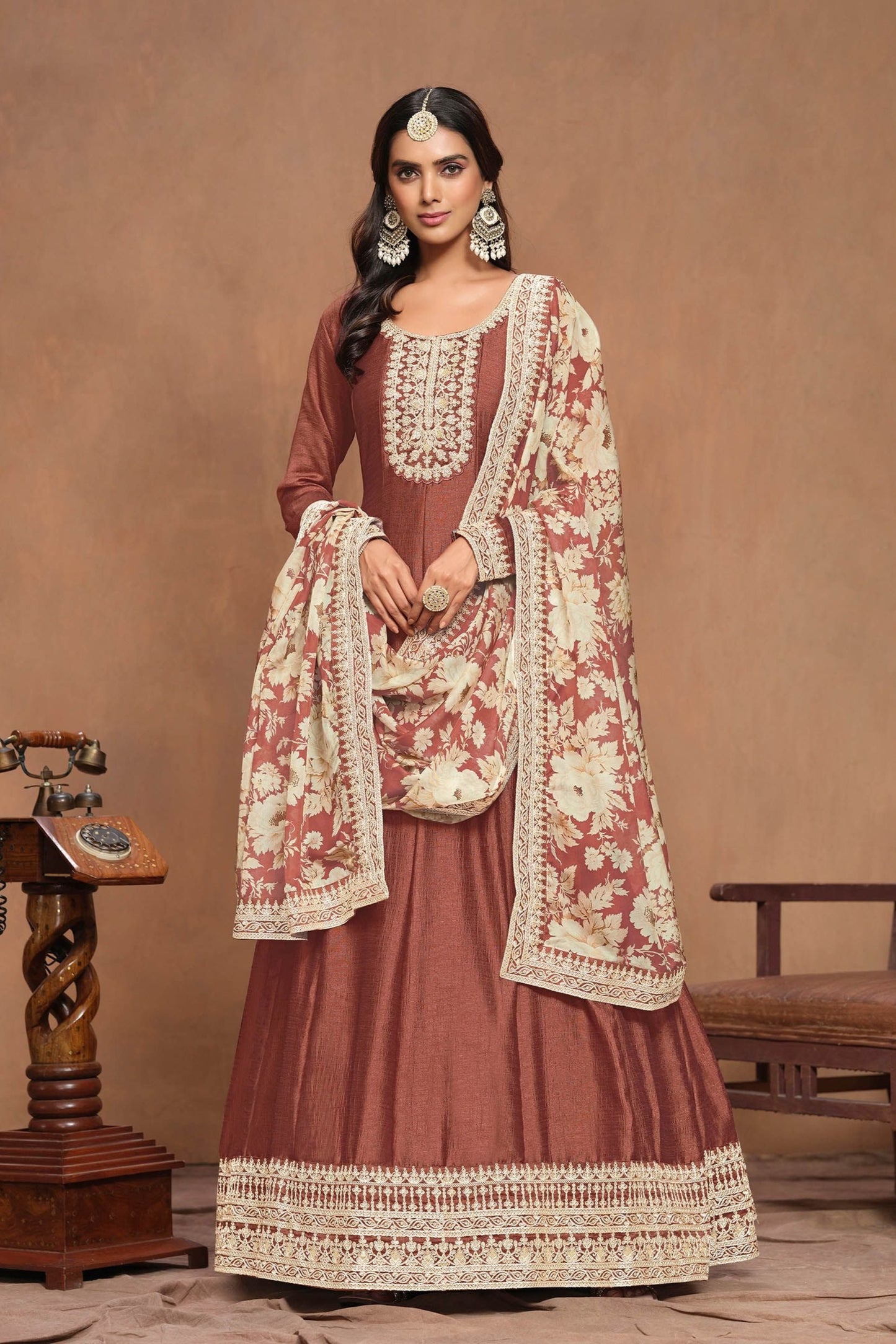 Affordable Brown Anarkali Gown with Embroidery for Indian Weddings