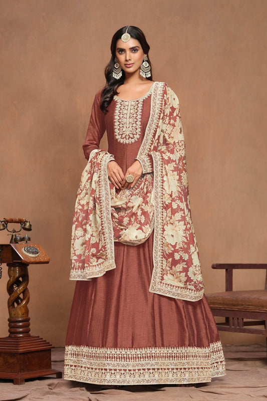 Affordable Brown Anarkali Gown with Embroidery for Indian Weddings